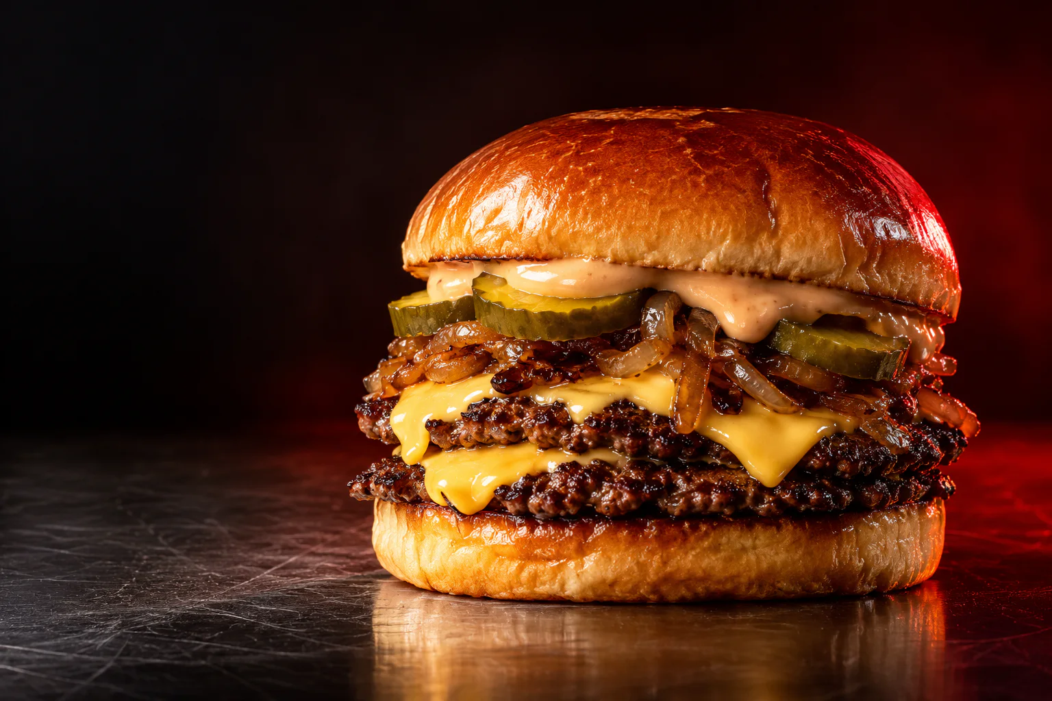 Double smash burger with melted cheese, pickles and onions